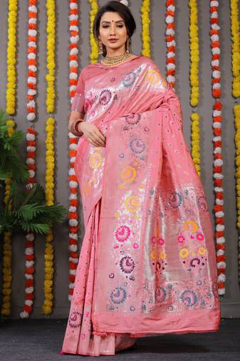 Women's Baby Pink Faux Banarasi Silk Zari Woven Saree with Blouse