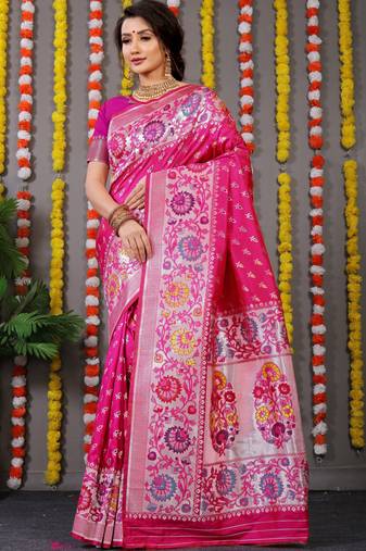 Women's Rani Pink Faux Banarasi Silk Zari Woven Saree with Blouse