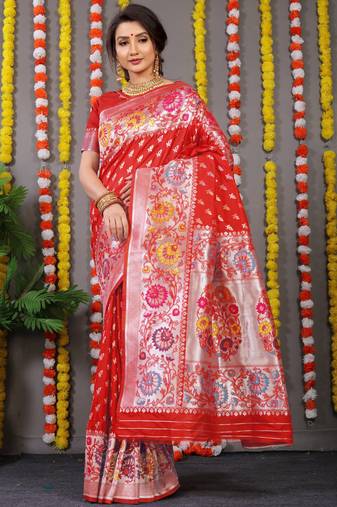 Women's Red Faux Banarasi Silk Zari Woven Saree with Blouse
