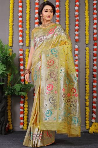 Women's Mehndi Faux Banarasi Silk Zari Woven Saree with Blouse