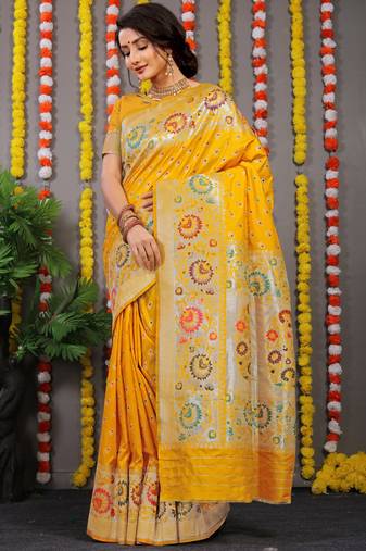 Women's Yellow Faux Banarasi Silk Zari Woven Saree with Blouse