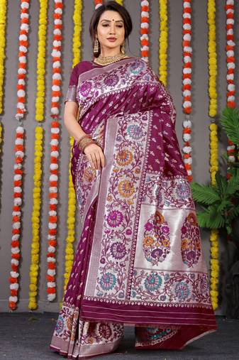 Women's Wine Faux Banarasi Silk Zari Woven Saree with Blouse