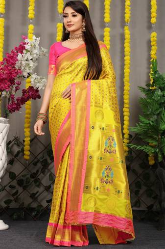 Women's Yellow Faux Banarasi Silk Zari Woven Saree with Blouse