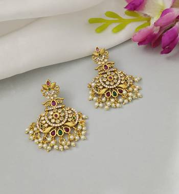 Matt gold kempu cz chandbali earrings for women ruby emerald pearls 2
