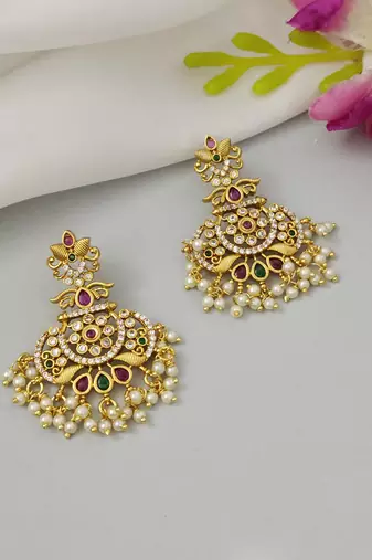 Matt gold kempu cz chandbali earrings for women ruby emerald pearls