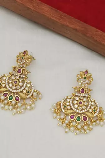 Matt gold kempu cz chandbali earrings for women ruby emerald pearls