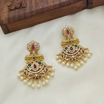 Matt gold toned kempu cz chandbali earrings for women ruby emerald pearls 1