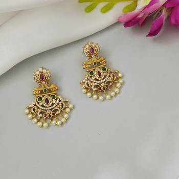 Matt gold toned kempu cz chandbali earrings for women ruby emerald pearls 2