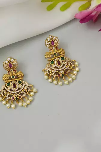 Matt gold toned kempu cz chandbali earrings for women ruby emerald pearls