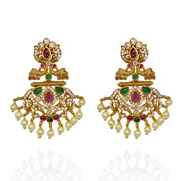 Matt gold toned kempu cz chandbali earrings for women ruby emerald pearls 3