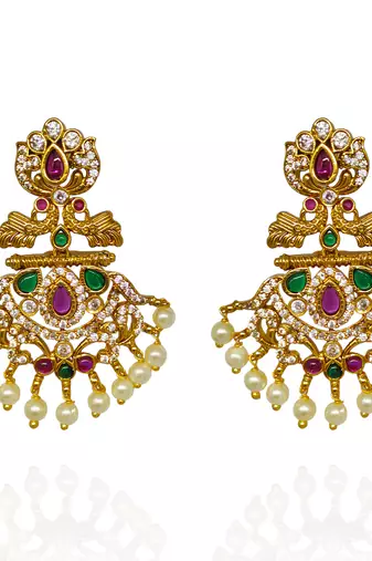 Matt gold toned kempu cz chandbali earrings for women ruby emerald pearls