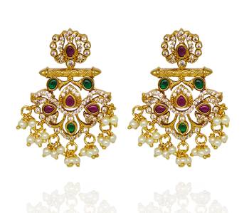 Matt gold kemp kempu cz chandbali earrings ruby emerald pearls white 1