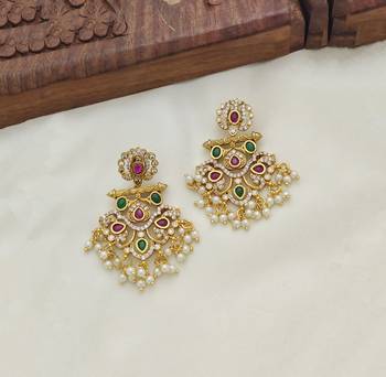 Matt gold kemp kempu cz chandbali earrings ruby emerald pearls white 2
