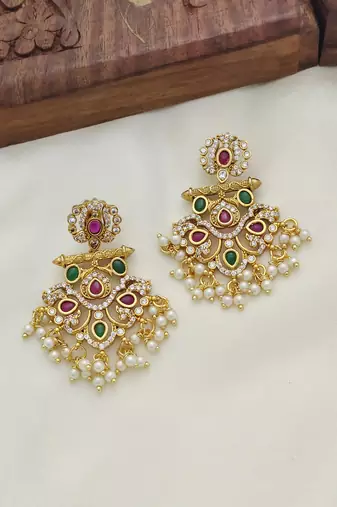 Matt gold kemp kempu cz chandbali earrings ruby emerald pearls white