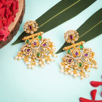 Matt gold kemp kempu cz chandbali earrings ruby emerald pearls white 3