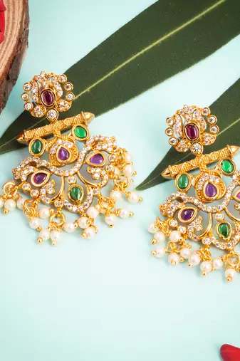 Matt gold kemp kempu cz chandbali earrings ruby emerald pearls white