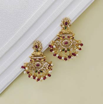 Gold plated handcrafted kempu ruby emerald stone with pearls peacock chandbali earrings red 1