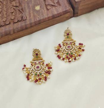 Gold plated handcrafted kempu ruby emerald stone with pearls peacock chandbali earrings red 2