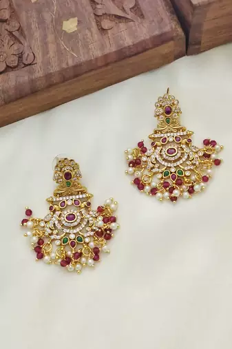 Gold plated handcrafted kempu ruby emerald stone with pearls peacock chandbali earrings red