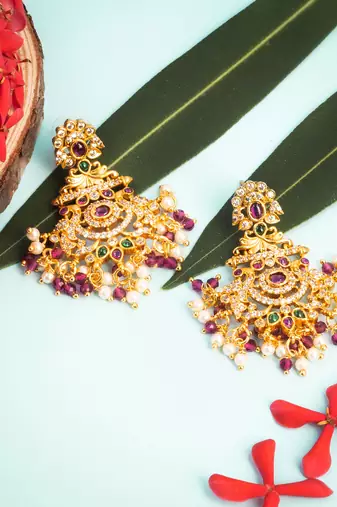Gold plated handcrafted kempu ruby emerald stone with pearls peacock chandbali earrings red