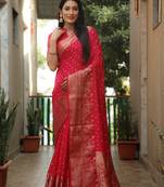 Koram Pink Bandhej kanjivaram silk blendBandhej With Kanjivaram Border With Zari Weaving Saree With Blouse For Women