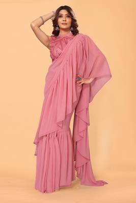 ready to wear beautiful georgette one step ruffle saree with heavy embroidery blouse 1