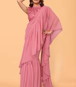 ready to wear beautiful georgette one step ruffle saree with heavy embroidery unstitched blouse
