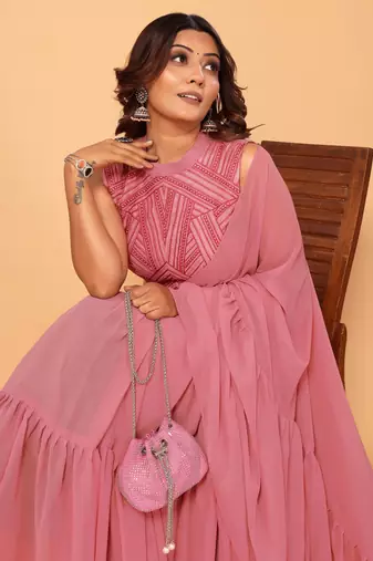 ready to wear beautiful georgette one step ruffle saree with heavy embroidery blouse