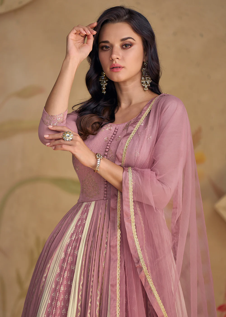 onion pink dress for women Onion Pink Italian Satin Pearls Hand Embroidered Pre-Draped Wedding Gown Saree by LASHA at Pernia's Pop Up Shop 2026