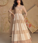 Beige embroidered pure georgette semi-stitch long party wear dress