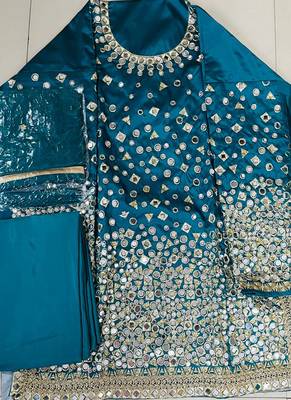 Teal Designer Taffeta Silk Patiala Salwar Suit 2