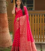 Koram Pink Bandhej kanjivaram silk blendBandhej With Kanjivaram Border With Zari Weaving Saree With Blouse For Women
