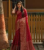 Koram Red Bandhej kanjivaram silk blendBandhej With Kanjivaram Border With Zari Weaving Saree With Blouse For Women