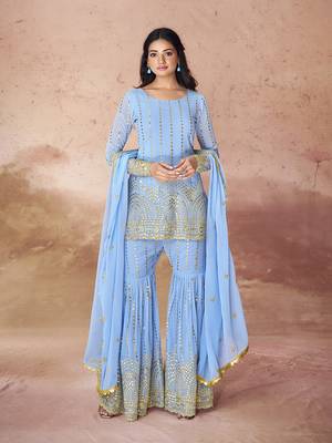 Sky blue embroidered sharara suit 1