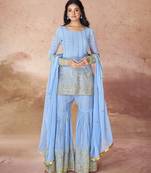 Sky blue embroidered sharara suit