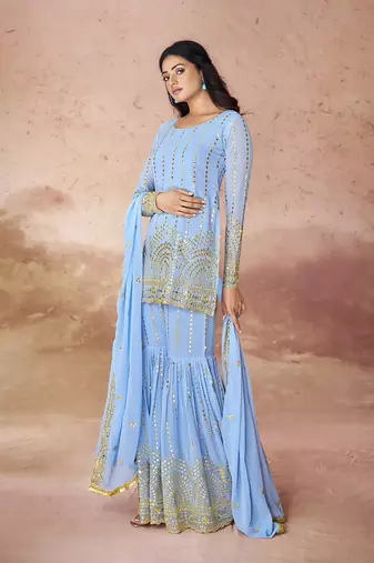Sky blue embroidered sharara suit