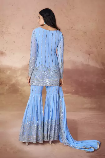 Sky blue embroidered sharara suit