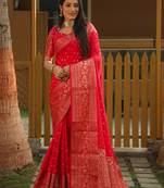 Koram Scarlet Bandhej kanjivaram silk blendBandhej With Kanjivaram Border With Zari Weaving Saree With Blouse For Women