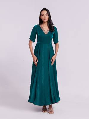 Elegant teal embroidered neck gown 1