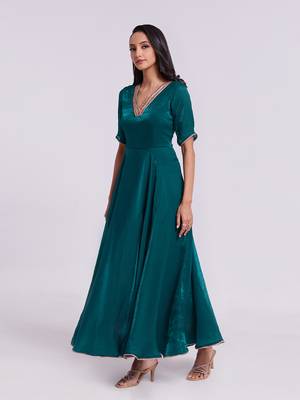 Elegant teal embroidered neck gown 2