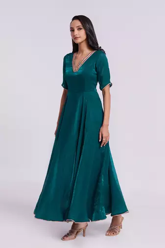 Elegant teal embroidered neck gown