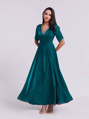 Elegant teal embroidered neck gown 3