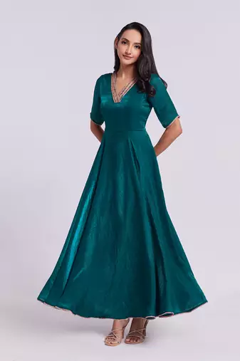 Elegant teal embroidered neck gown