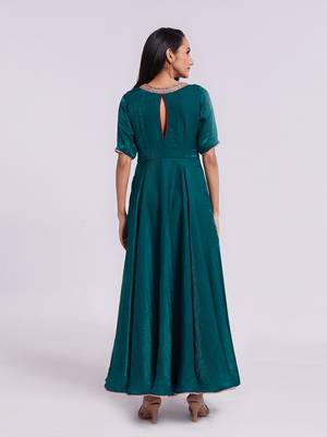 Elegant teal embroidered neck gown 4