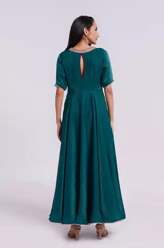 Elegant teal embroidered neck gown