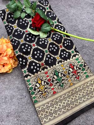 Koram Black Gharchola Bandhej Silk Saree Paithani & Minakari Zari Weaving Border Saree With Blouse For Women  1