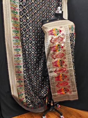 Koram Black Gharchola Bandhej Silk Saree Paithani & Minakari Zari Weaving Border Saree With Blouse For Women  2
