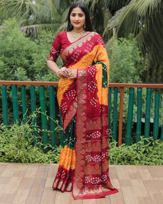 Koram Red Bandhej Silk Zari Weaving Border With Zari Weaving Pallu Saree With Blouse For Women 1