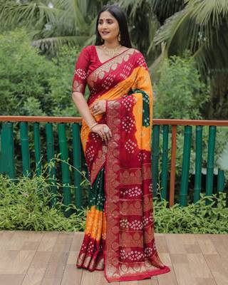 Koram Red Bandhej Silk Zari Weaving Border With Zari Weaving Pallu Saree With Blouse For Women 3