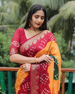 Koram Red Bandhej Silk Zari Weaving Border With Zari Weaving Pallu Saree With Blouse For Women 4
